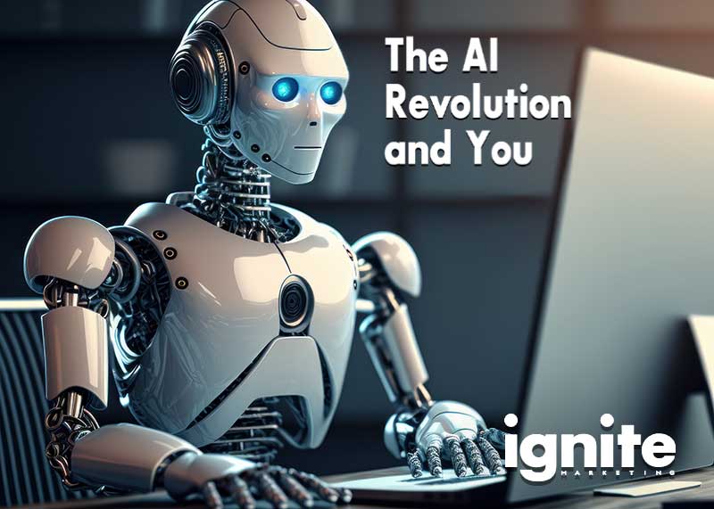 An AI robot at work on a computer - Chatbot/AI illustration